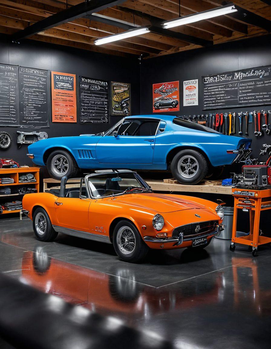 A sleek, high-performance sports car parked in a vibrant garage filled with tools and car parts, showcasing a mechanic examining the engine. Surround the scene with posters of classic cars on the walls, and add a chalkboard with maintenance tips. Include a bright overhead light illuminating the workspace. super-realistic. vibrant colors. 3D.