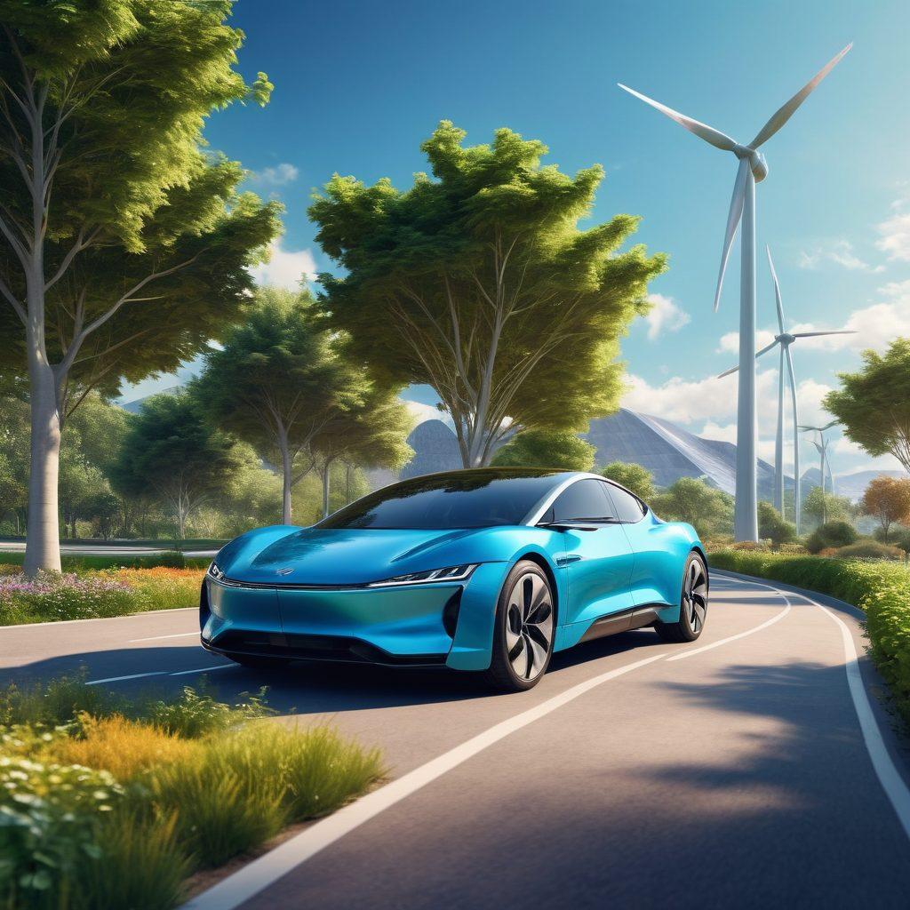A sleek, modern electric car parked on a scenic route surrounded by lush greenery, solar panels, and wind turbines in the background. The vehicle should emit a futuristic vibe, showcasing its high-performance features, while emphasizing its eco-friendly design. Bright blue skies and vibrant colors should enhance the visuals, inviting viewers to explore sustainable mobility. super-realistic. vibrant colors. 3D.