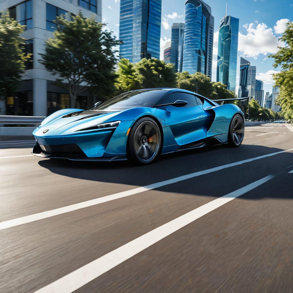 A sleek, futuristic car speeding down a winding road, surrounded by lush greenery and vibrant cityscapes. Incorporate elements like gear icons and tire tracks subtly in the background to symbolize automotive trends. Include a bright blue sky with fluffy clouds and dynamic light effects to convey excitement and speed. The overall feel should be full of energy and passion for cars. super-realistic. vibrant colors. 3D.